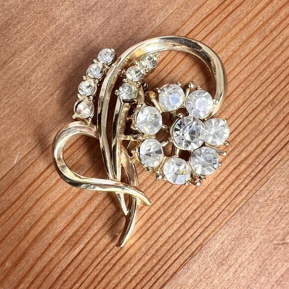 Vtg Coro Flower Brooch Gold Tone Clear Rhinestones Classic Signed Floral Pin Mom - Picture 11 of 12